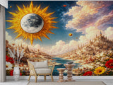 Peel and Stick Wall Mural “Celestial Sun and Moon Fantasy Landscape” – Surreal Art Wallpaper