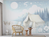 Peel and Stick Kids Wall Mural Pastel Camping Night Scene Gentle Blue-White Nursery Wallpaper Calm Bedtime Forest Print for Children’s Room