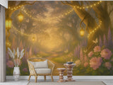 Enchanted Forest Kids Wallpaper – Traditional Fairy Path Mural with Lanterns and Flowers for Nursery and Playroom