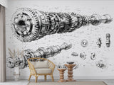 Self-Adhesive Wall Mural – Technical Engineering Drawing Wallpaper for Office