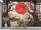 Vintage Japanese Style Wallpaper For Living Room "View From The Window To The Red Sun" Art Wall Self-Adhesive Artistic Wall Mural For Bedroom, Workspace, Office 🌅