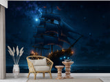 Sea Print Peel and Stick Wall Mural for Office, Living Room, Hall "Ship in the Moonlit Night" 🌙