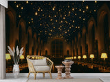 Gothic Great Hall Wall Mural – Non-Woven Wallpaper | Magical Floating Lights Interior Art for Living Room & Bedroom