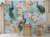 Peel and Stick Wall Mural Peacocks in Flowers for Bedroom