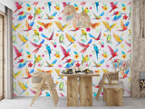 Colorful Tropical Parrot Pattern Desing Peel and Stick Wall Mural for Living room – Watercolor Style Print in Red, Blue, Yellow & Green