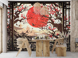 Vintage Japanese Style Wallpaper For Living Room "View From The Window To The Red Sun" Art Wall Self-Adhesive Artistic Wall Mural For Bedroom, Workspace, Office 🌅