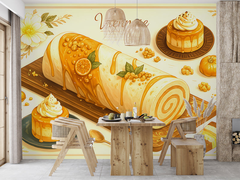 Wall mural for kitchen "Pumpkin Desserts" – full wall self-adhesive wallpaper, art design for cafes in French cuisine style 🍰