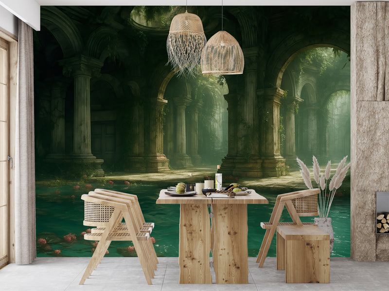 Wall Print Self-Adhesive Wall Murals With Architecture Image For Living Room Kitchen "Lost Temple Of Water" 🏛