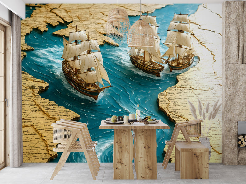 Wall Print 3D Self-Adhesive Wallpaper Perfect for Living Room, Office, Bedroom Design "Sea Journey Through the Map" 🌊🗺️