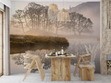 Nature Lake Wallpaper Boat Near Foggy Lake Vinyl Wallpaper Peel and Stick For Living Room, Bedroom, Relaxation Area