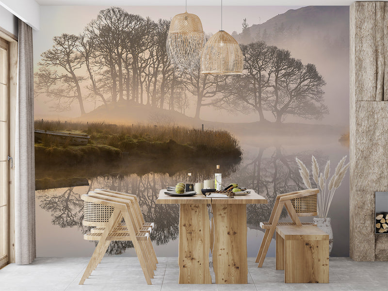 Nature Lake Wallpaper Boat Near Foggy Lake Vinyl Wallpaper Peel and Stick For Living Room, Bedroom, Relaxation Area
