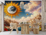 Peel and Stick Wall Mural “Celestial Sun and Moon Fantasy Landscape” – Surreal Art Wallpaper