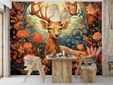 Autumn Forest Deer Wall Mural – Traditional Floral Woodland Wallpaper for Living Room & Bedroom