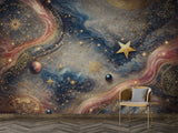 Celestial Abstract Peel and Stick Wall Mural – Cosmic Gold and Blue Art Wallpaper