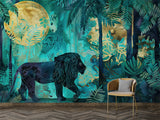 Traditional Jungle Wallpaper with Lion – Emerald Green Botanical Wall Mural with Gold Accents for Living Room & Bedroom
