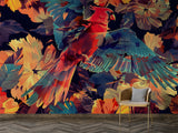 Vibrant Red Parrot Floral Peel and Stick Wallpaper – Tropical Botanical Style in Teal, Orange & Gold