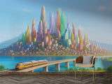 Peel and Stick Wallpaper Kids Room Print – Cartoon City Design for Playroom | Future City Full Wall Mural