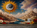 Peel and Stick Wall Mural “Celestial Sun and Moon Fantasy Landscape” – Surreal Art Wallpaper