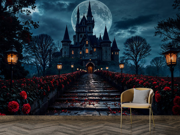 Gothic Style Peel and Stick Wall Mural for Living Room, Bedroom, or Home Office – "Rose Alley on a Gothic Night"