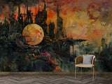 Futuristic Dystopian Cityscape Wall Mural – Surreal Sunset Abstract Peel and Stick Wallpaper, Living Room Art Print, Modern Office Design Decor