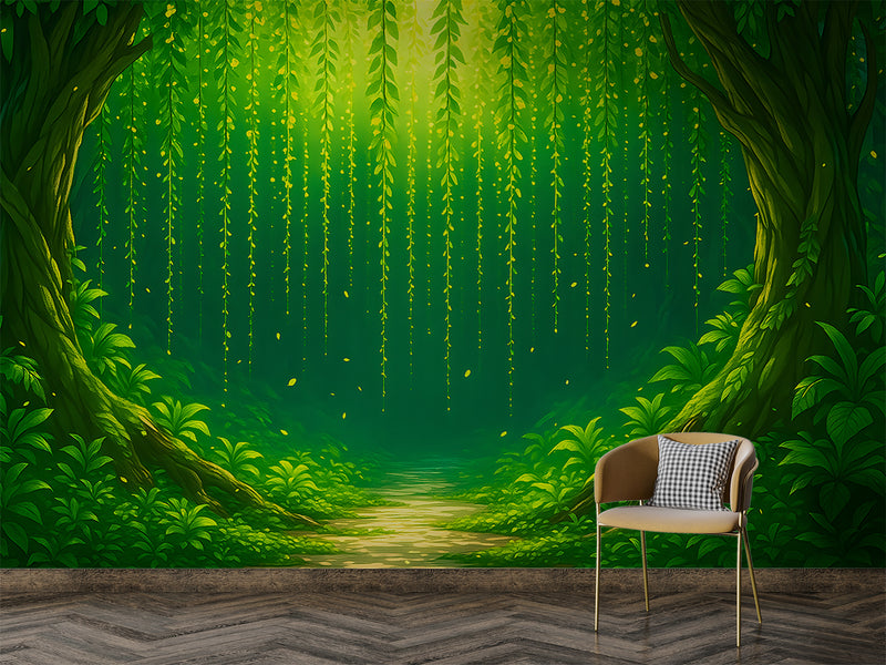 Nature Art For Kids Room Wallpaper Print For Nursery Self-Adhesive Wall Mural For Baby Room Full Wall Poster "Green Arch In The Forest"🌿