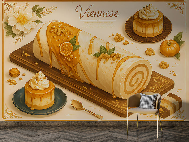 Wall mural for kitchen "Pumpkin Desserts" – full wall self-adhesive wallpaper, art design for cafes in French cuisine style 🍰
