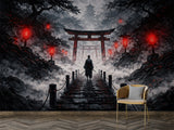 Traditional Wall Mural for a Gaming Zone – Chill Area Print Samurai Walking Toward the Temple