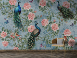 Peel and Stick Wall Mural Peacocks in Flowers for Bedroom