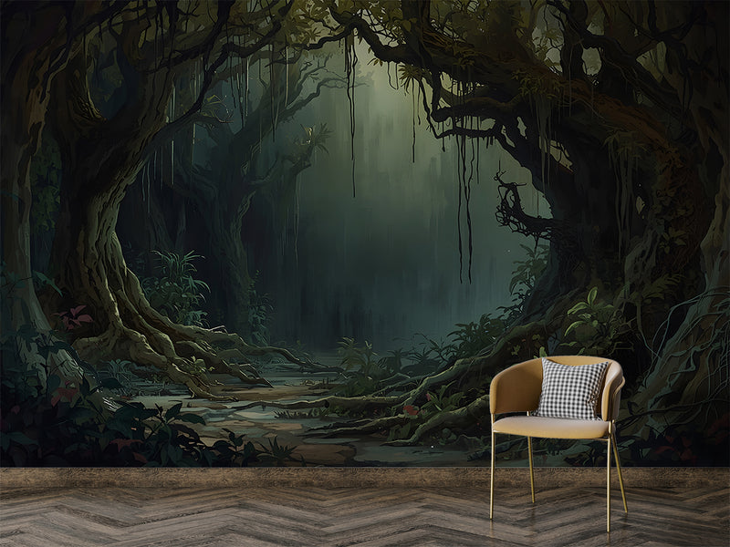 Traditional wallpaper Misty forest thickets, mystical atmosphere for bedroom, living room, or office Accent wall, Art Wall