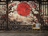 Vintage Japanese Style Wallpaper For Living Room "View From The Window To The Red Sun" Art Wall Self-Adhesive Artistic Wall Mural For Bedroom, Workspace, Office 🌅