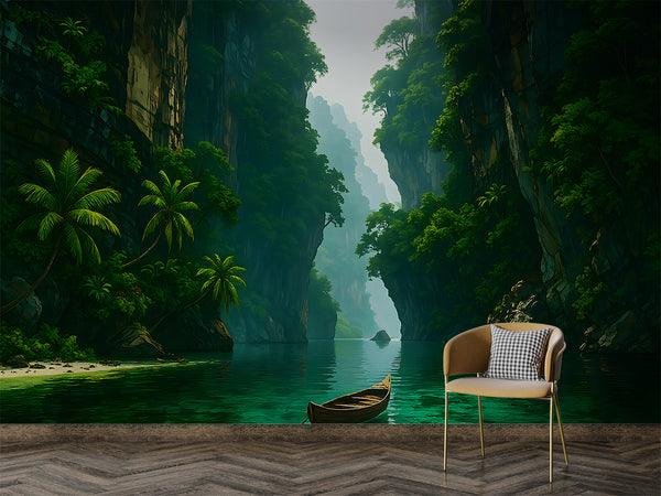 Art Wallpaper For The Whole Wall, Peel and Stick Wall Mural For Office, Print For Living Room, Poster For Bedroom "Mysterious Tropical Passage" 🌿