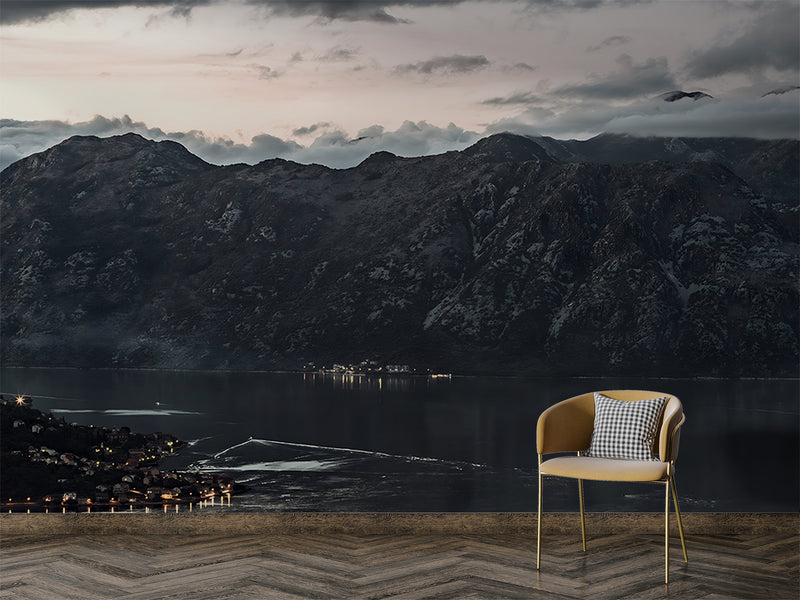 Nordic Design Peel and Stick Wall Mural Scandinavian Style Evening View of the Old Town of Kotor Bay from Mount Lovćen Print for Living Room, Office or Bedroom