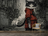 Cyberpunk Cat Wall Mural – Gaming Room Peel and Stick Wallpaper | Cool Teen Bedroom Decor Gift