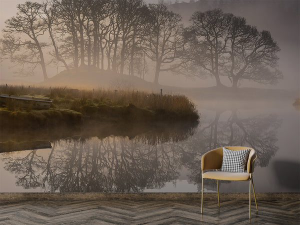 Nature Lake Wallpaper Boat Near Foggy Lake Vinyl Wallpaper Peel and Stick For Living Room, Bedroom, Relaxation Area