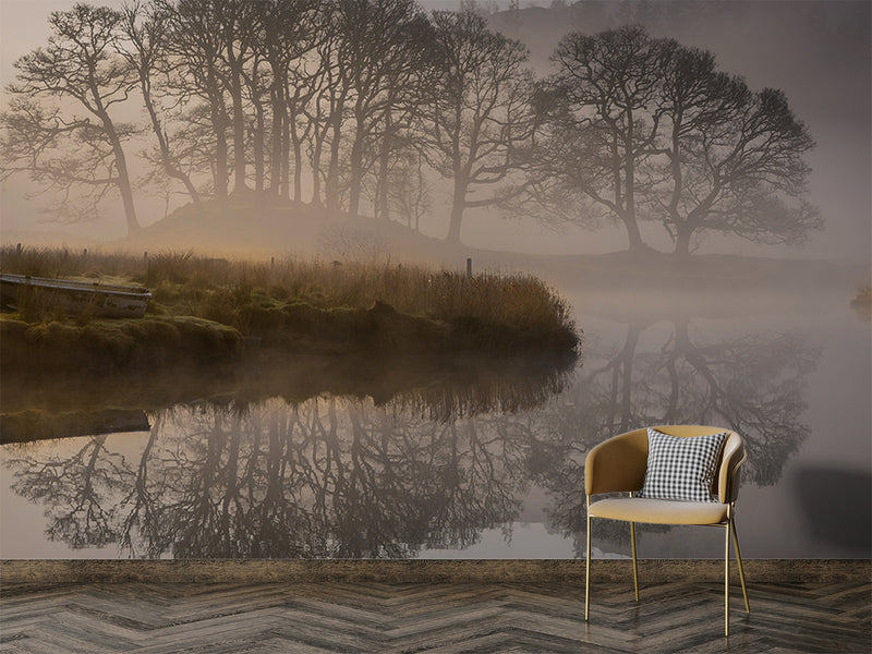 Nature Lake Wallpaper Boat Near Foggy Lake Vinyl Wallpaper Peel and Stick For Living Room, Bedroom, Relaxation Area