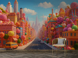 Non-Woven Wall Mural Candy Cityscape – Colorful Fantasy Candy World Wallpaper for Kids Room & Playroom Decor