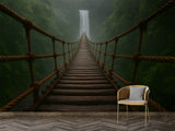 Natural Print "Bridge Into The Mist Toward The Waterfall" Brutal Wall Art Self-Adhesive Wallpaper For Living Room, Office, Adventure Lovers 🏞️