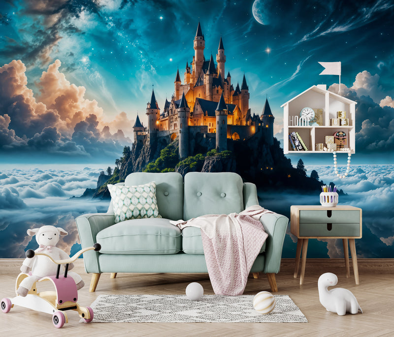 High-Quality Non-Woven Photo Wallpaper, "Heavenly Fairytale: Castle In The Clouds" Full Wall Print For Kids' Room