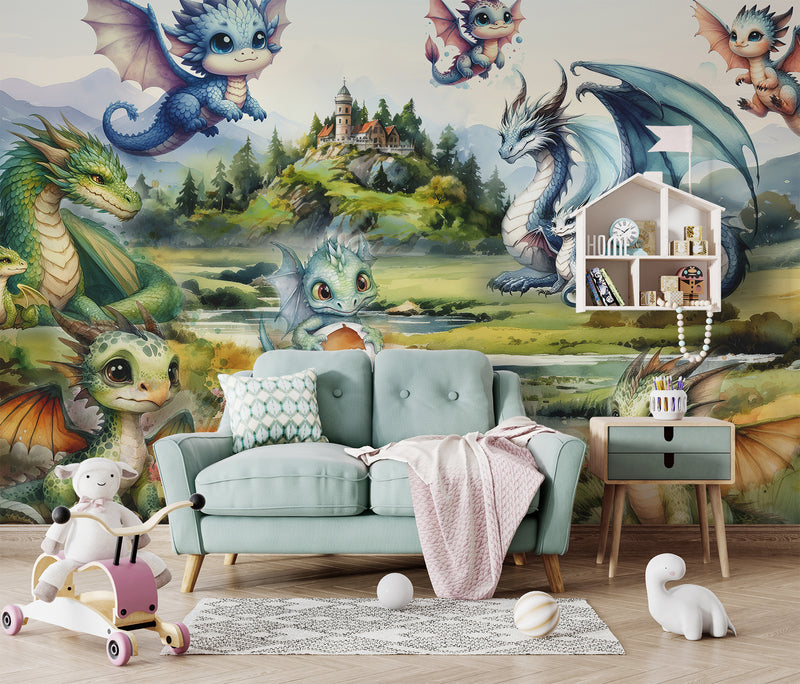Self-Adhesive Full Wall Wallpaper For Kids Room, For Kindergarten "Dragon Family" Fairytale Print