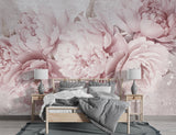Large vintage blush peony floral wall mural in a modern master bedroom setting, available in peel and stick and non-woven