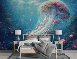 Surreal wall mural featuring a majestic jellyfish adorned with pink roses in a dreamy underwater ocean setting, shown in a modern bedroom interior