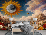 Peel and Stick Wall Mural “Celestial Sun and Moon Fantasy Landscape” – Surreal Art Wallpaper