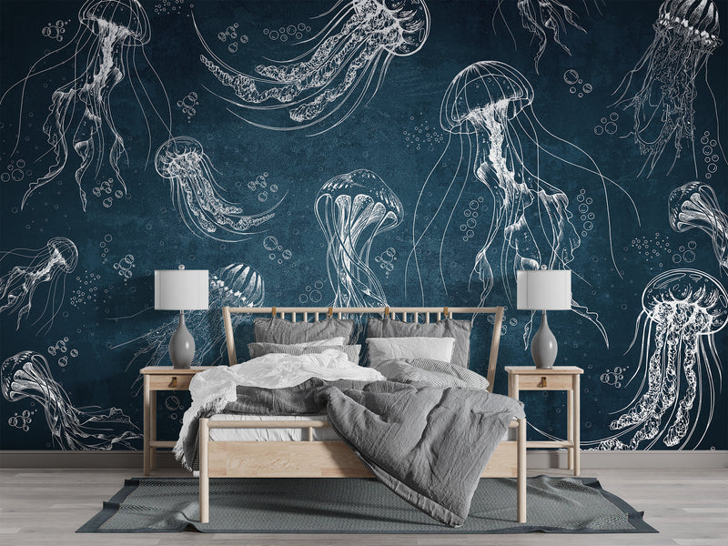 Art Wall Mural 🎨 Full Wall Peel and Stick Wallpaper "Painted Jellyfish" Wall Murals For Office Living Room