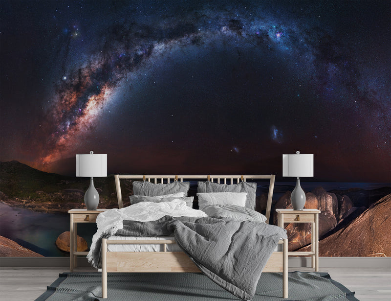 Nature and Space Wall Mural – Unique Design for Living Room, Office, Bedroom | Self-Adhesive Accent Wall Mural – Art Wall for Bedroom "Milky Way over the Ocean"🌌✨