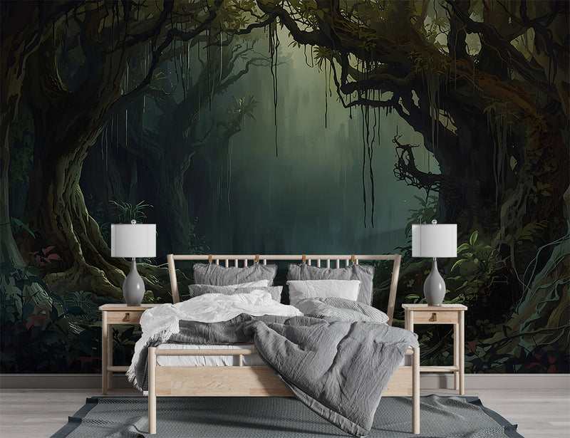 Traditional wallpaper Misty forest thickets, mystical atmosphere for bedroom, living room, or office Accent wall, Art Wall