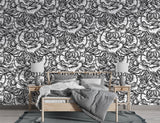 Floral print Black and white art Calm tones on the wall Peel and stick wallpaper for living room or bedroom "Graphic Roses" Nature-inspired design Accent wall