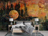 Futuristic Dystopian Cityscape Wall Mural – Surreal Sunset Abstract Peel and Stick Wallpaper, Living Room Art Print, Modern Office Design Decor