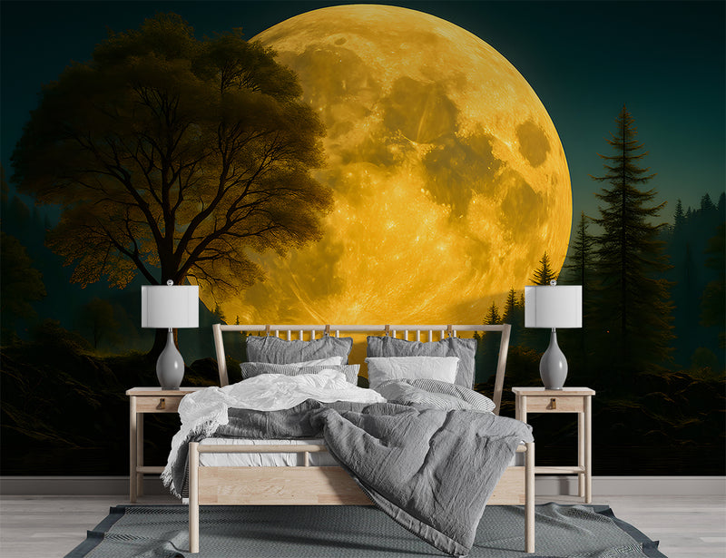 Natural Print Peel and Stick Mural For Living Room, Bedroom Office Poster "Mysterious Glow Of The Full Moon Over The Lake"