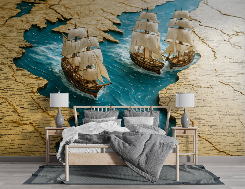 Wall Print 3D Self-Adhesive Wallpaper Perfect for Living Room, Office, Bedroom Design "Sea Journey Through the Map" 🌊🗺️