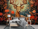 Autumn Forest Deer Wall Mural – Traditional Floral Woodland Wallpaper for Living Room & Bedroom